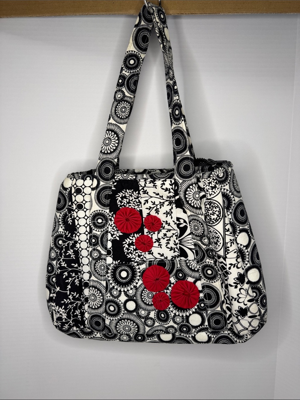 Quilted Black & White Patchwork Tote with Red Rosette Details